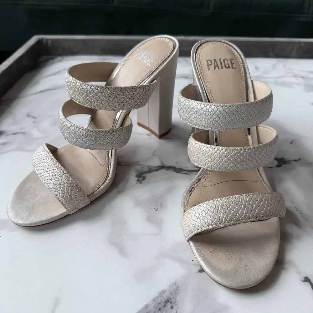 PAIGE Nora Snakeskin Embossed Leather Sandal in Pearl Size 8 - Picture 4 of 10